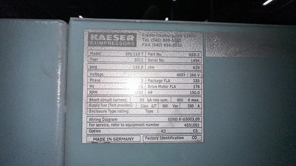 150 Hp Kaeser Air Compressor, Model Sfc110t