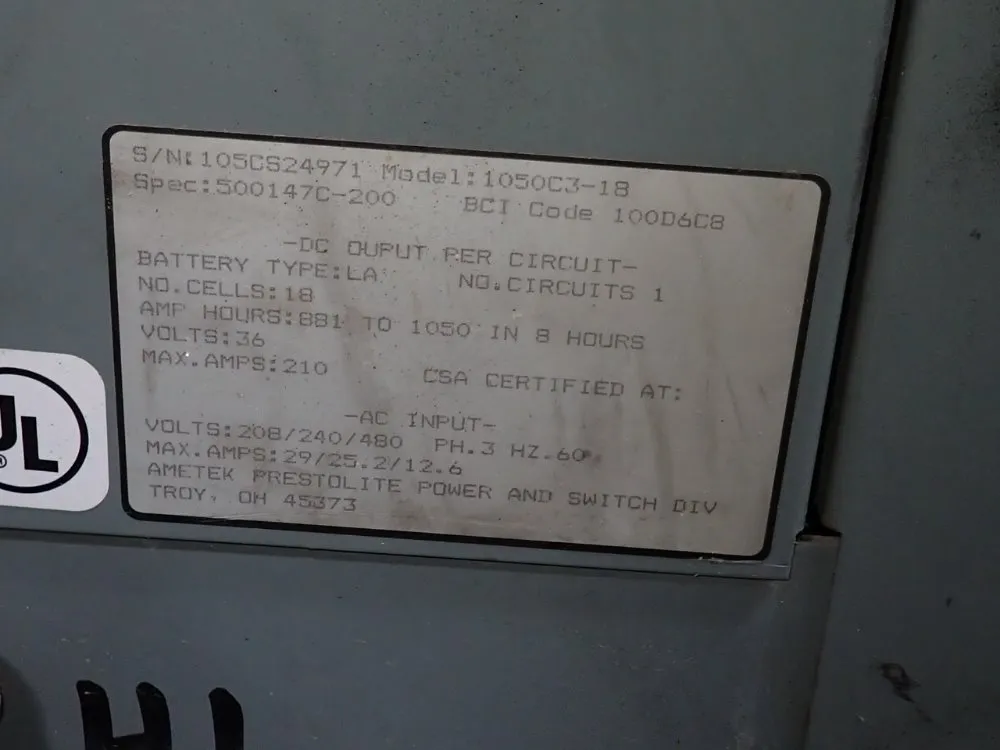 Ametek 1050 Ah Battery Charger - 1050c3-18