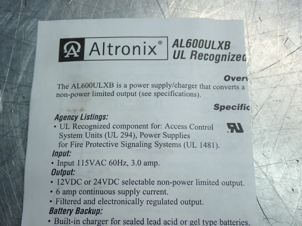 Altronix Power Supply Charger - Al600ulxb