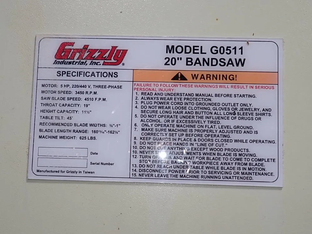 Grizzly Industrial Inc 19" Vertical Band Saw - G0511