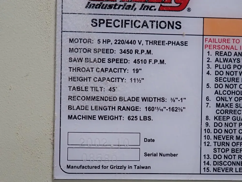 Grizzly Industrial Inc 19" Vertical Band Saw - G0511