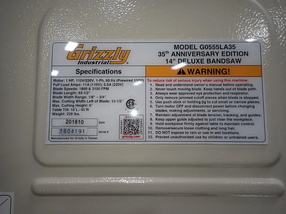 Grizzly Industrial Inc 13 1/2" Vertical Band Saw - G0555la35