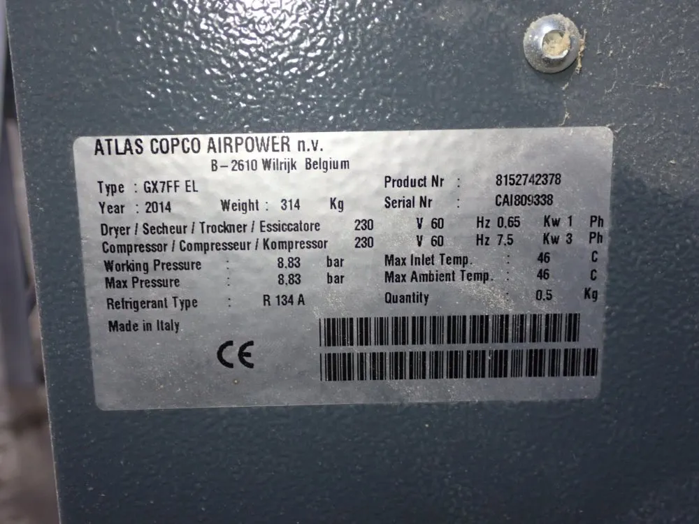 Atlas Copco 7.5 Kw Air Compressor - Gx77ff El