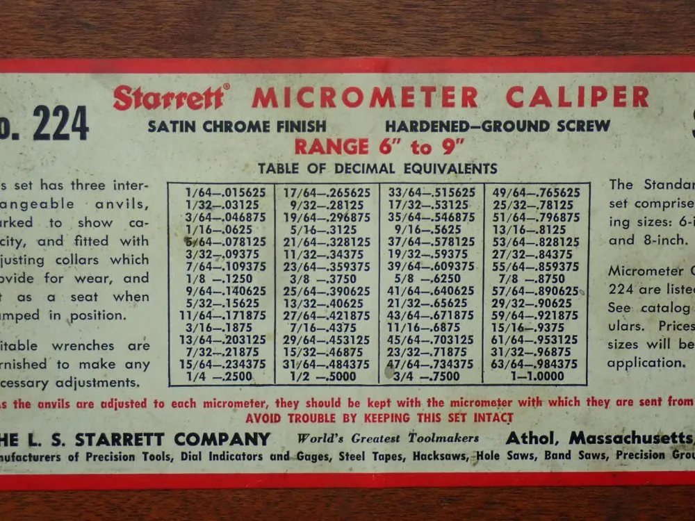 Starrett 6-9" Micrometer Caliper. - 224
