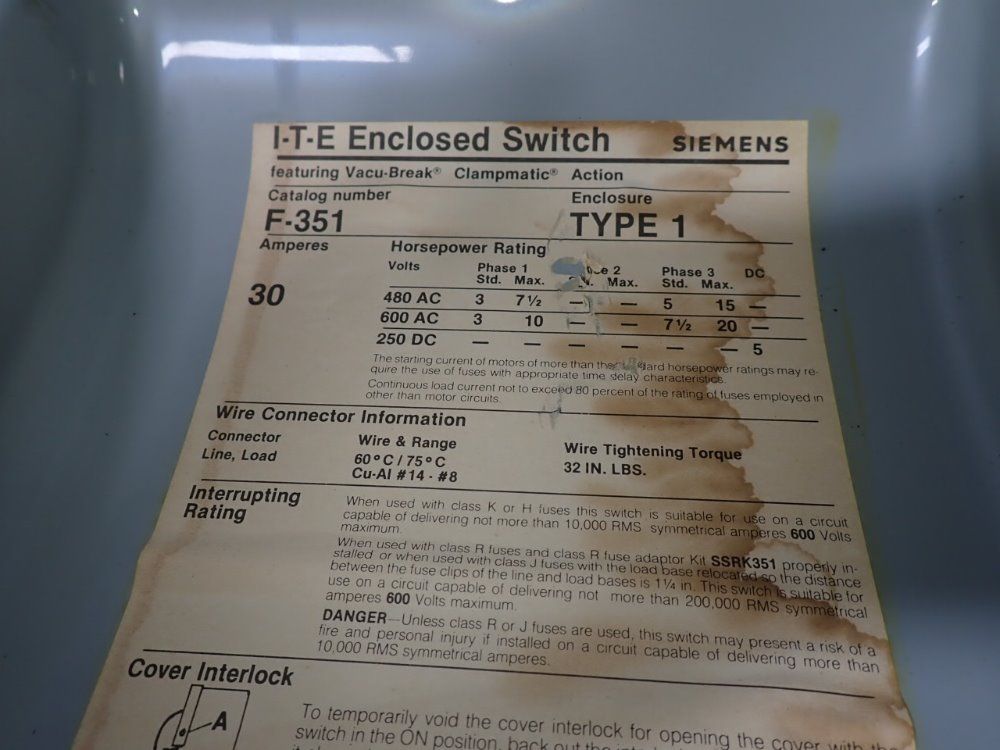 Siemens 30 Amps Fusible Disconnect - F-351