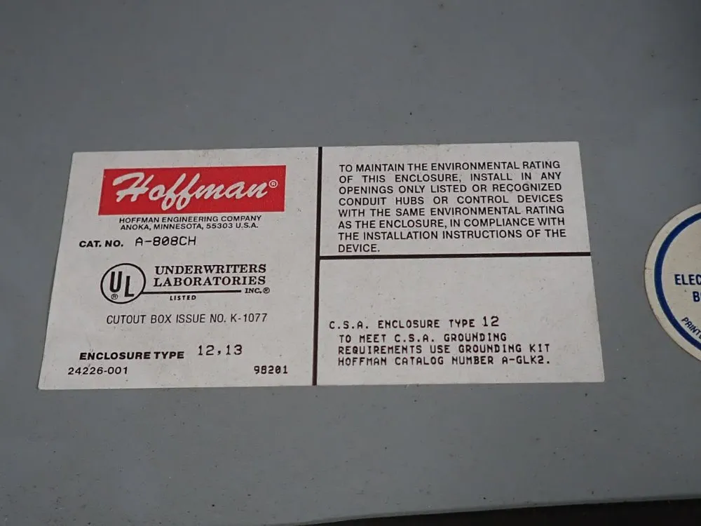 Hoffman 8" X 8" X 4" Electrical Enclosure - A-808ch