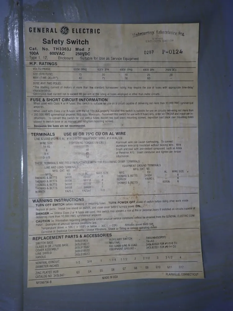 General Electric 100 Amps Fusible Disconnect - Th3363j