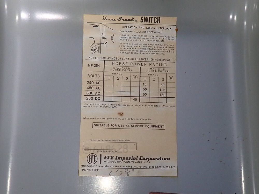 I-t-e Imperial Corporation 200 Amps Non Fusible Disconnect - Nf-354