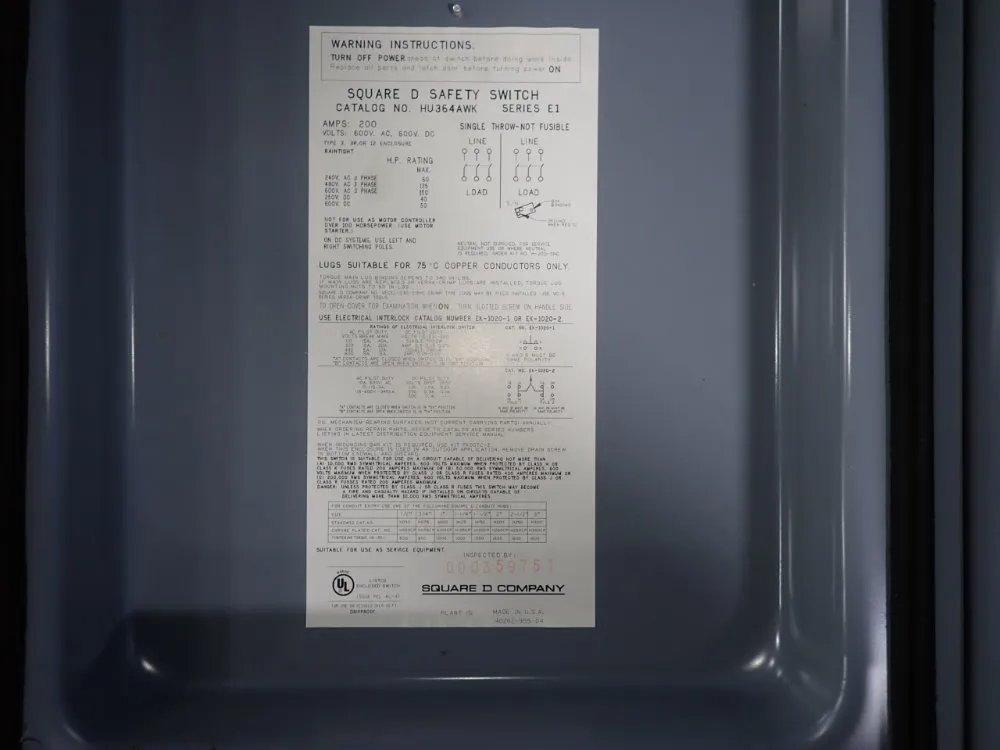 Square D 200 Amps Non Fusible Disconnect - Hu364awk
