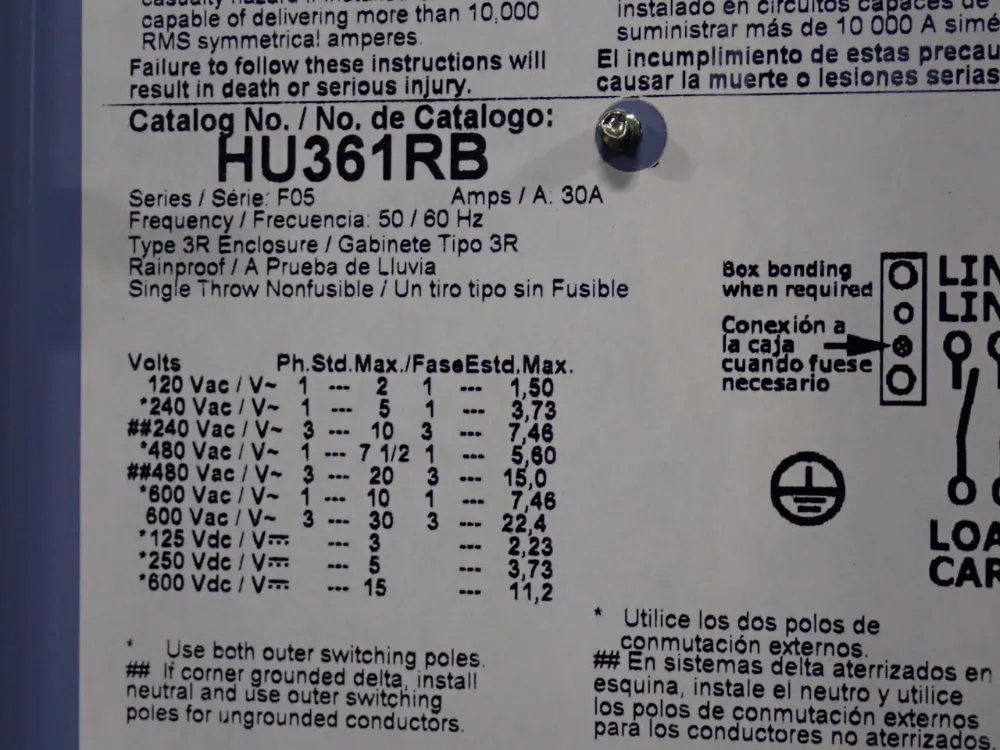 Square D 30 Amp / 600 Vac Non Fusible Disconnect - Hu361rb