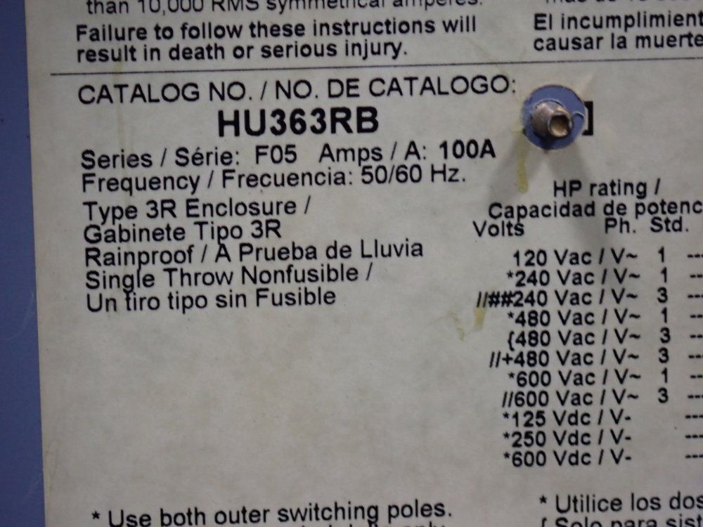 Square D 100 Amp / 600 Vac Non Fusible Disconnect - Hu363rb