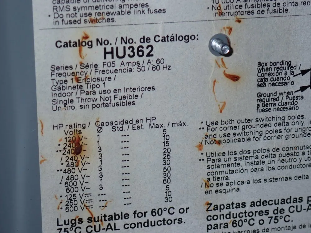 Square D 60 Amp / 600 Vac Non Fusible Disconnect - Hu362