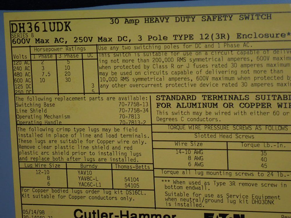 Cutler Hammer 30 Amp / 600 Vac Non Fusible Disconnect - Dh361udk