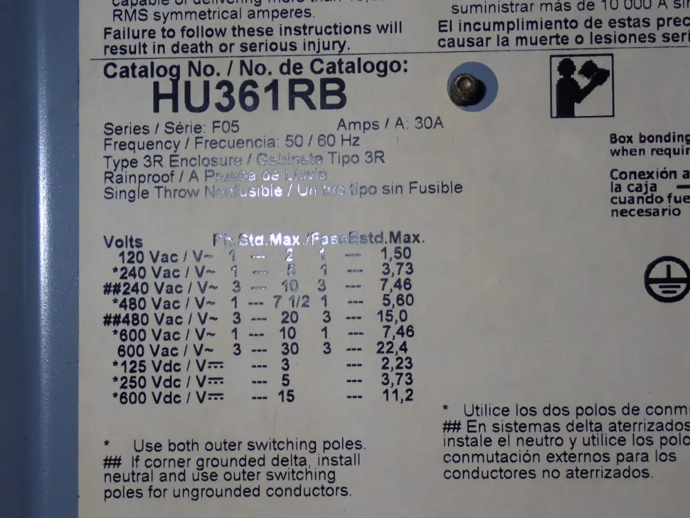 Square D 30 Amp / 600 Vac Non Fusible Disconnect - Hu361rb