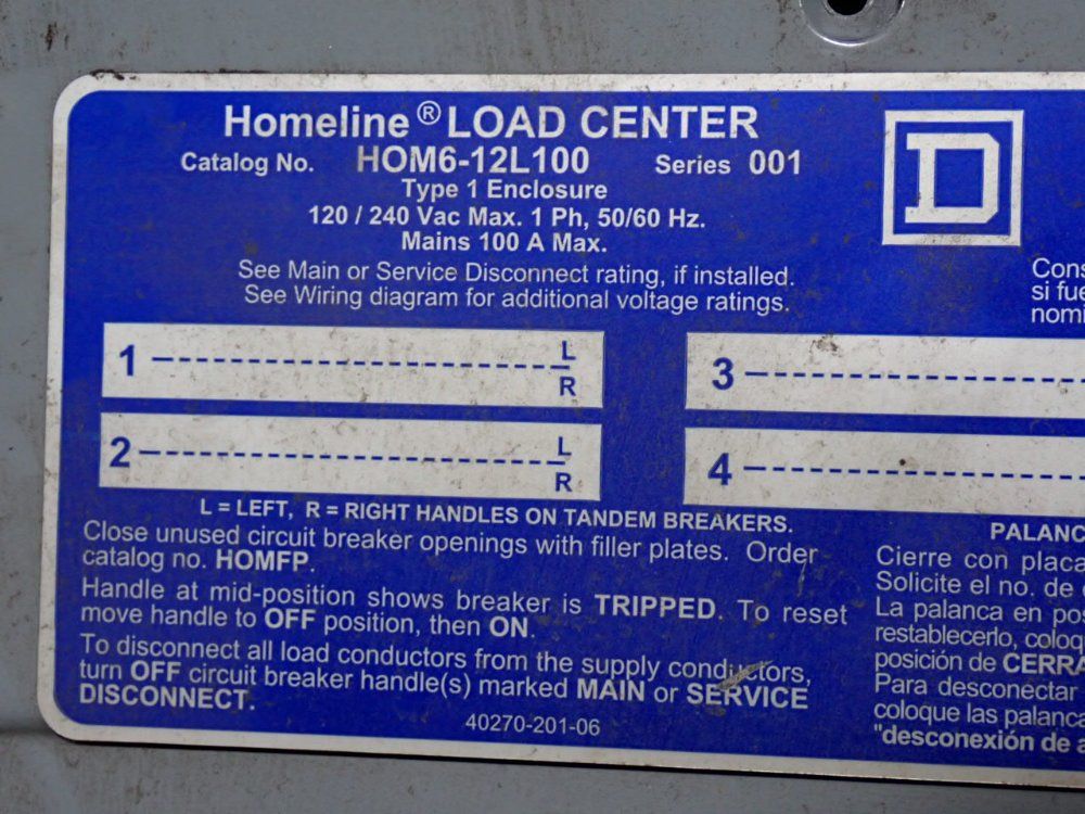 Square D 100 Amp / 120/240 Vac Load Center - Hom6-12l100