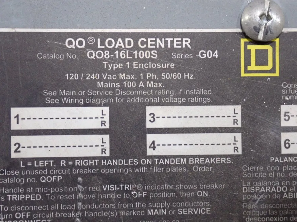 Square D 100 Amp / 120/240 Vac Load Center - Qo8-16l100s