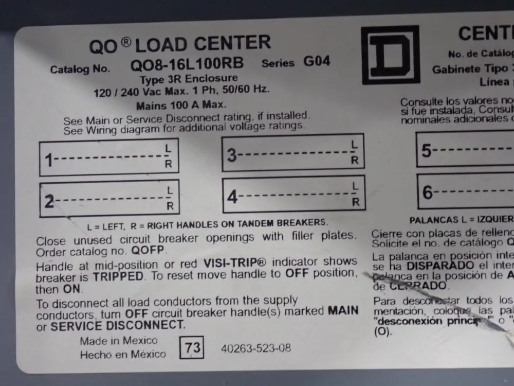 Square D 100 Amp / 120/240 Vac Load Center - Qo8-16l100rb