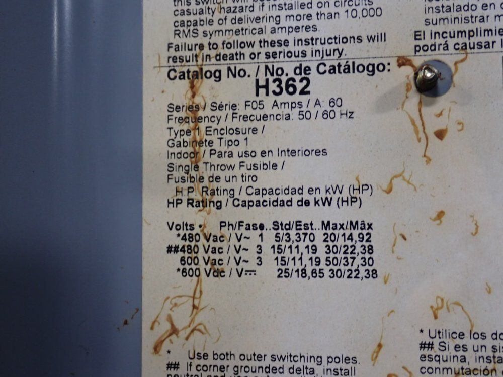 Square D 60 Amp / 600 Vac Fusible Disconnect - H362