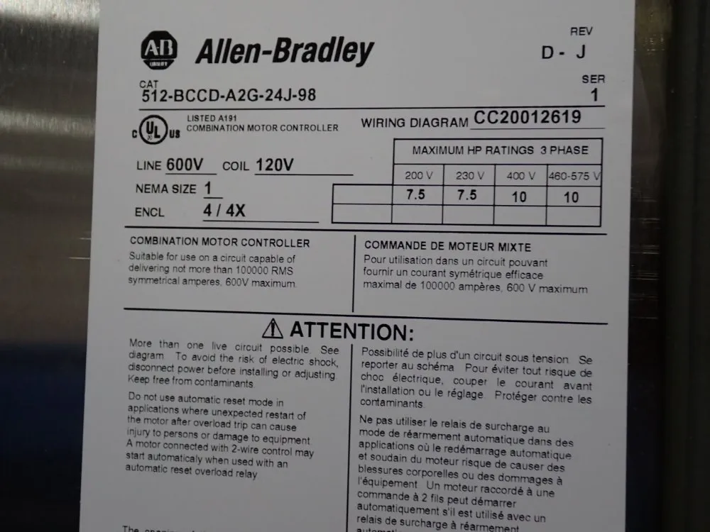 Allen Bradley Size 1 S/s Combination Starter - 512-bccd-2ag-24j-98