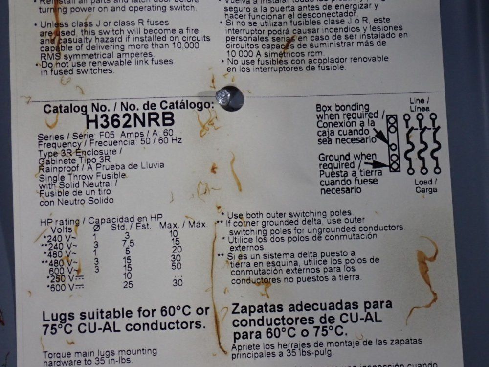 Square D 60 Amp / 600 Vac Fusible Disconnect - H362nrb