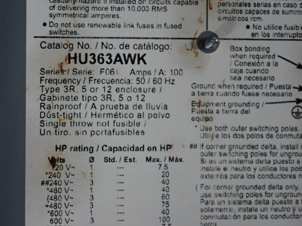 Square D 100 Amp / 600 Vac Non Fusible Disconnect - Hu363awk