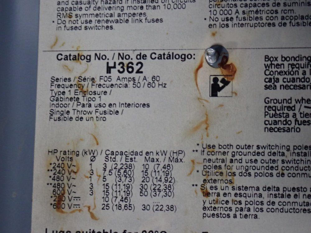 Square D 60 Amp / 600 Vac Fusible Disconnect - H362