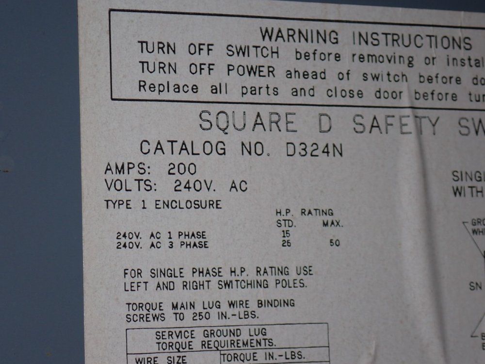 Square D 200 Amp / 240 Vac Fusible Disconnect - D324n