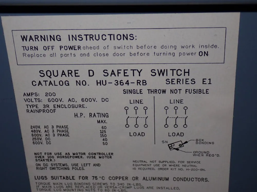 Square D 200 Amp / 600 Vac Non Fusible Disconnect - Hu-364-rb