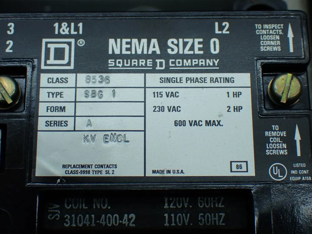 Square D Nema Type 1 Ac Magnetic Starter - 8536 Sbg-1