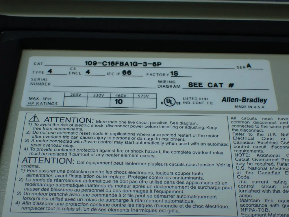Allen-bradley Non-reversing Starter W/ Enclosure - 109-c16fba1g-3-6p