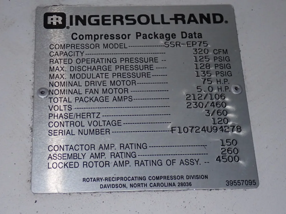 Ingersoll Rand 75 Hp Air Compressor - Ssr-ep75