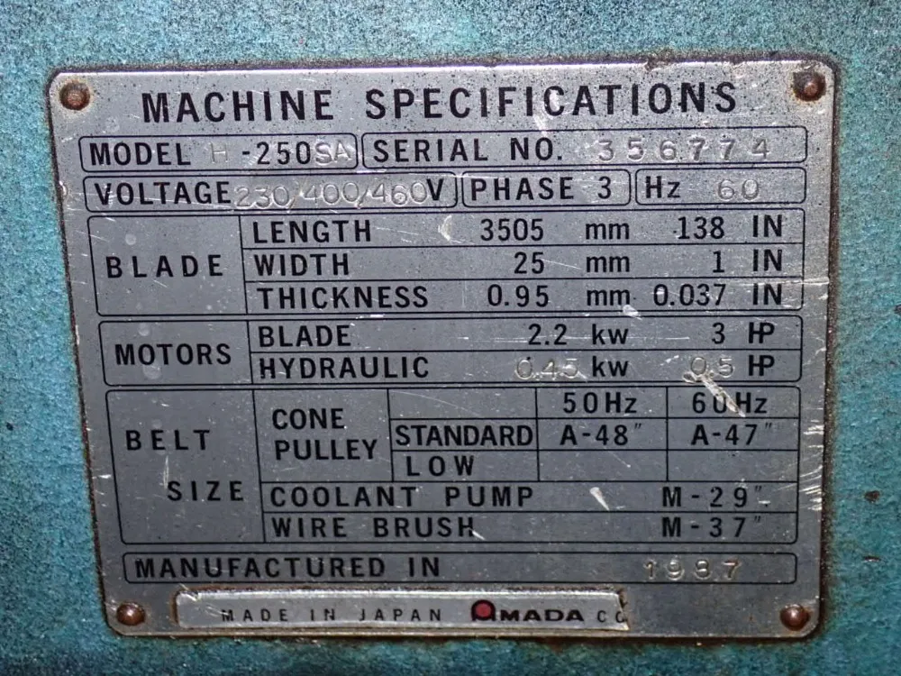 Amada 18" X 10" Horizontal Band Saw - H-250-sa