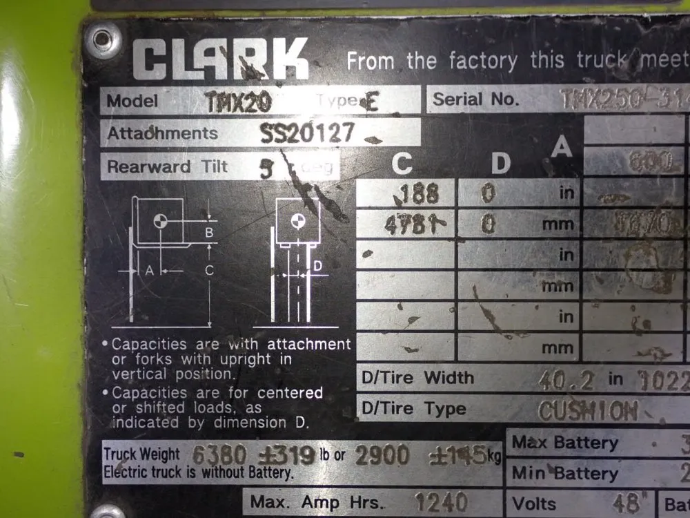 Clark 3700 Lbs Electric Forklift - Tmx20