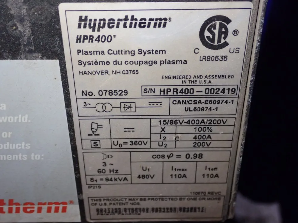 Hypertherm 400 Amp Plasma Cutting System - Hpr400xd