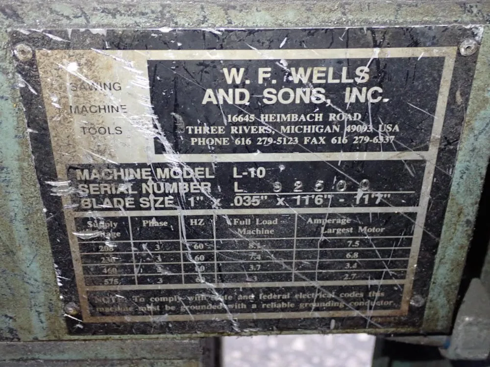 W.f. Wells 19" X 11" Horizontal Band Saw