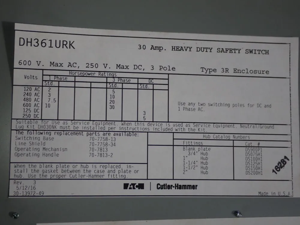 Eaton 30 Amp Non-fusible Disconnect - Dh361urk