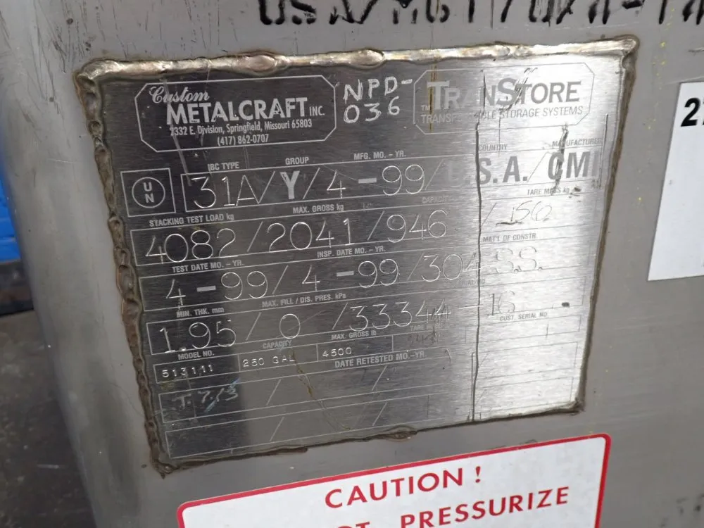 Metal Craft Inc. 250 Gal Transportable S/s Tank - 513111