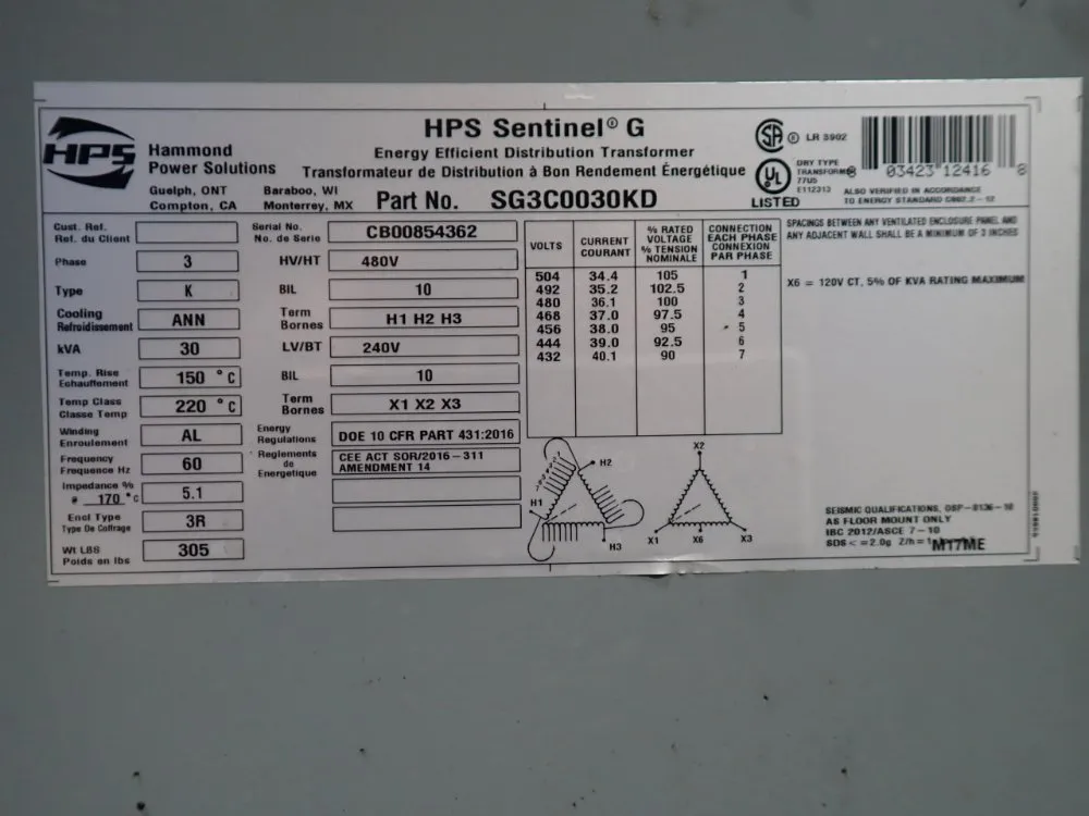 Hammond Power Solutions 30 Kva Transformer - Sg3c0030kd