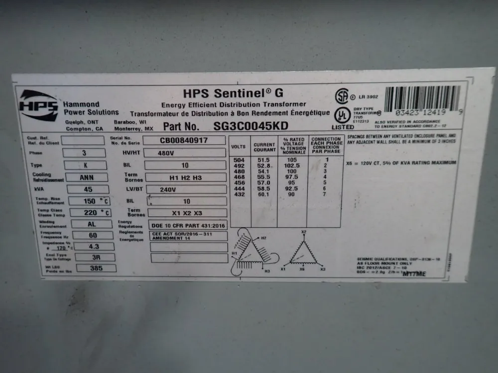 Hamond Power Solutions 45 Kva Transformer - Sg3c0045kd