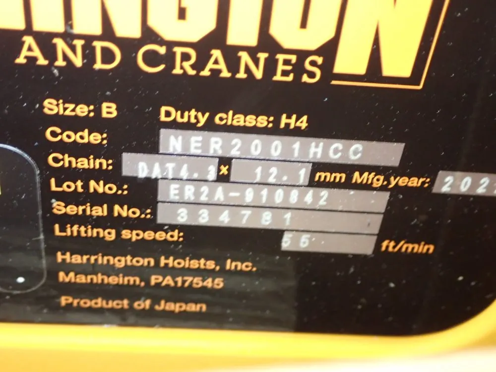 Harrington 1/8 Ton Chain Hoist - Er2a-910842