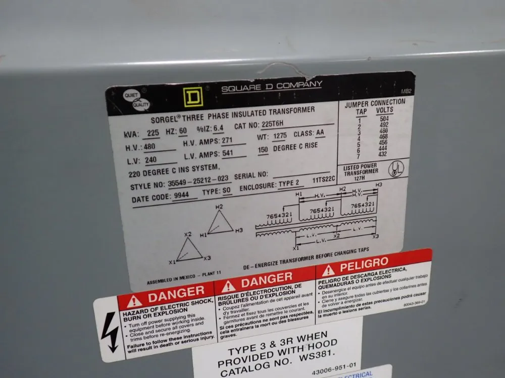 Square D 225 Kva Transformer - 225t6h