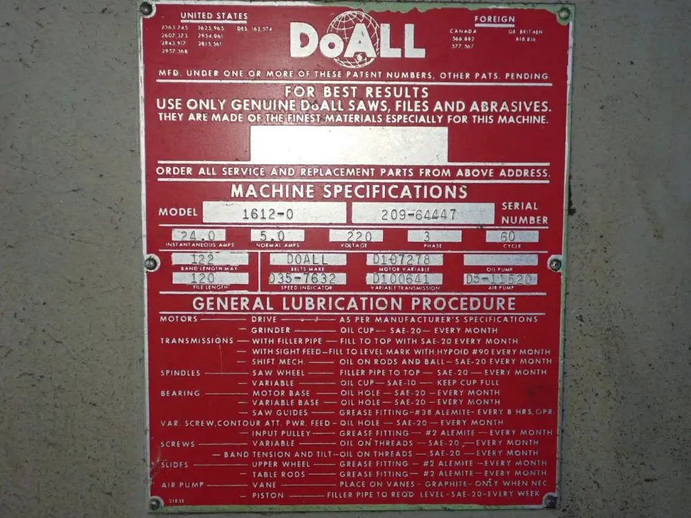 Doall 16" Vertical Band Saw - 1612-0