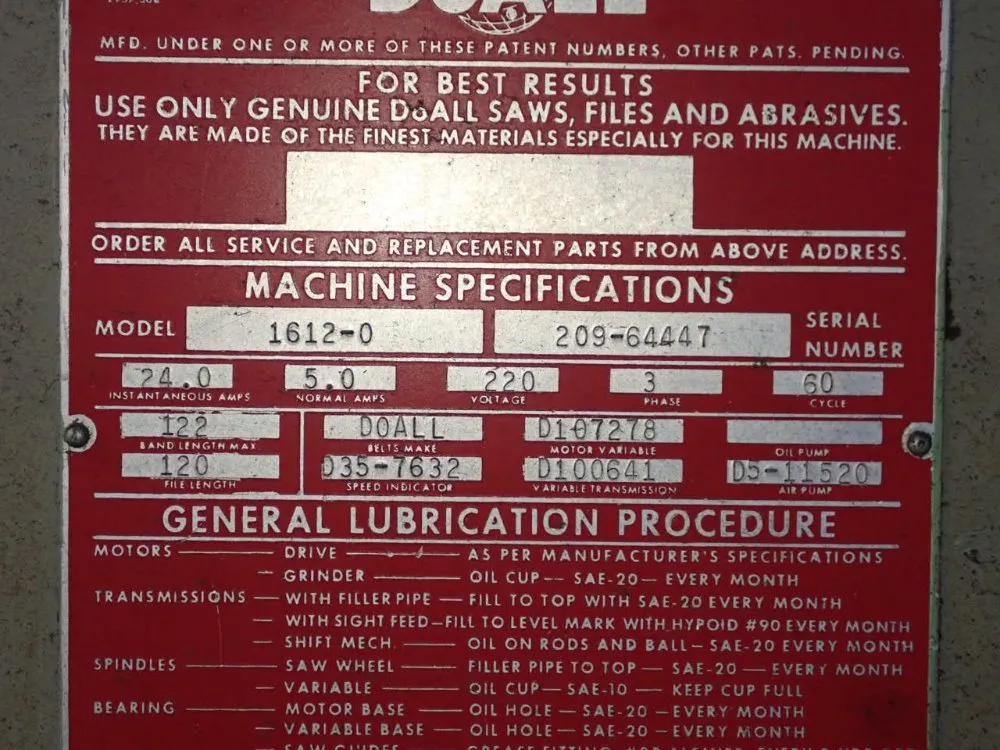 Doall 16" Vertical Band Saw - 1612-0