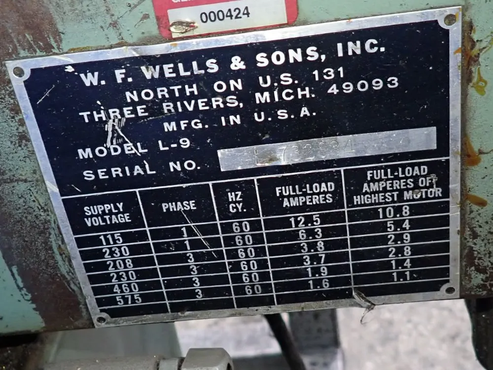 W.f. Wells & Sons Inc 22" X 9 1/2" Horizontal Band Saw - L-9