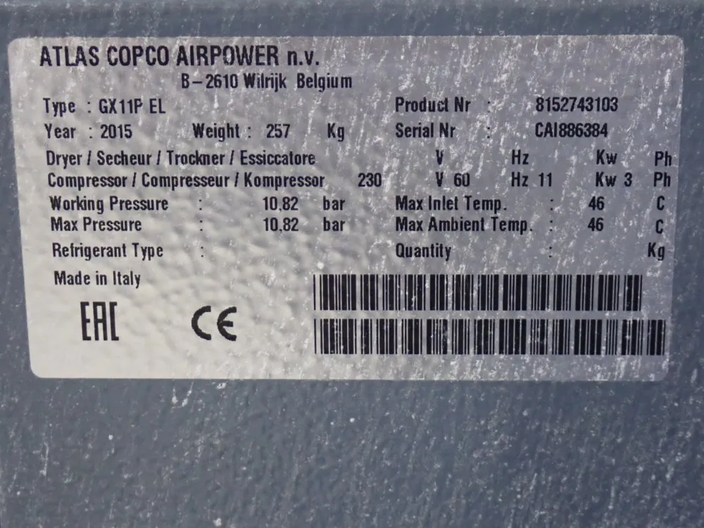 Atlas Copco 95 Gal Air Compressor - Gx11pel