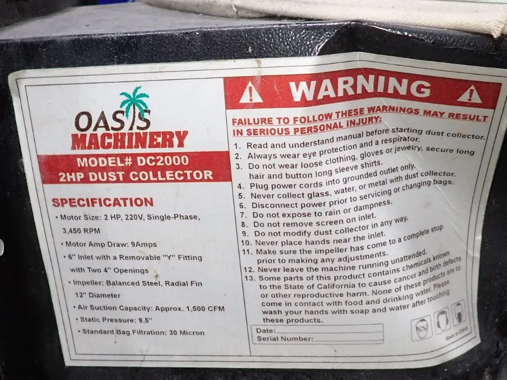 Oasis Machinery 2 Hp Dust Collector - Dc2000