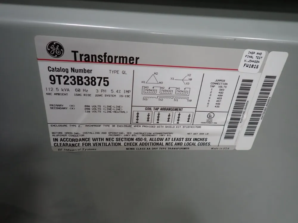 General Electric 112.5 Kva Transformer - 9t23b3875