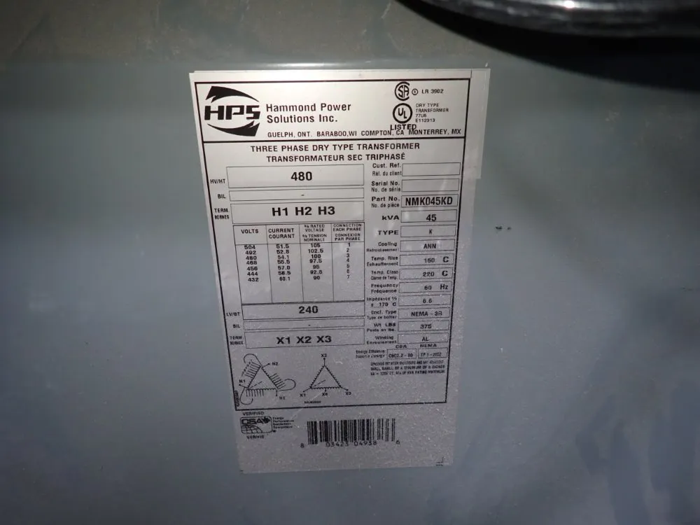 Hammond Power Solutions Inc 45 Kva Transformer - Nmk045kd