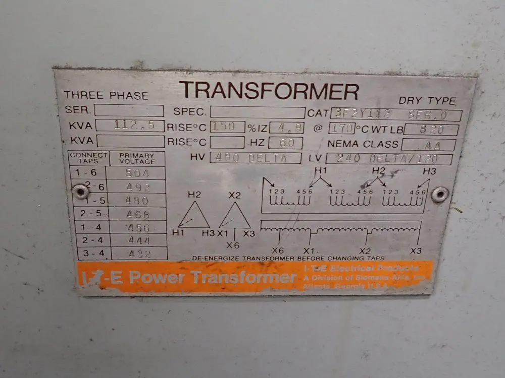 I-t-e 112.5 Kva Transformer - 3f2y112