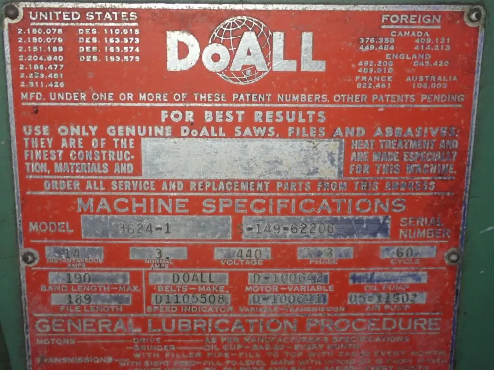 Doall 36" Vertical Band Saw - 3624-1